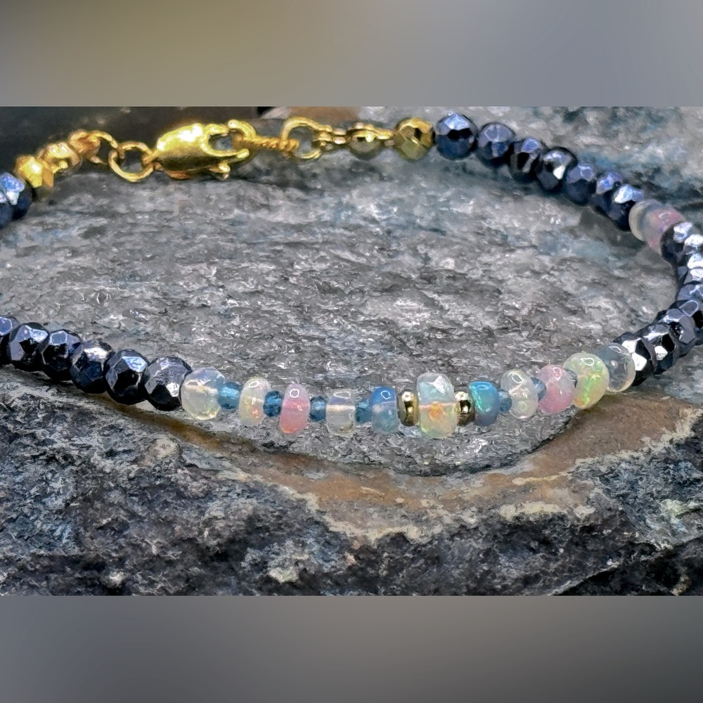 Ethiopian Welo Opal, Neon Blue Apatite, Blue Pyrite,18kt Gold Vermeil Bracelet